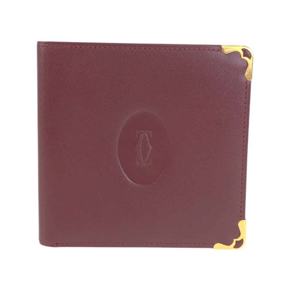 CARTIER Cartier Must Line Wine Red Gold Hardware Leather Billfold Compact Wal...